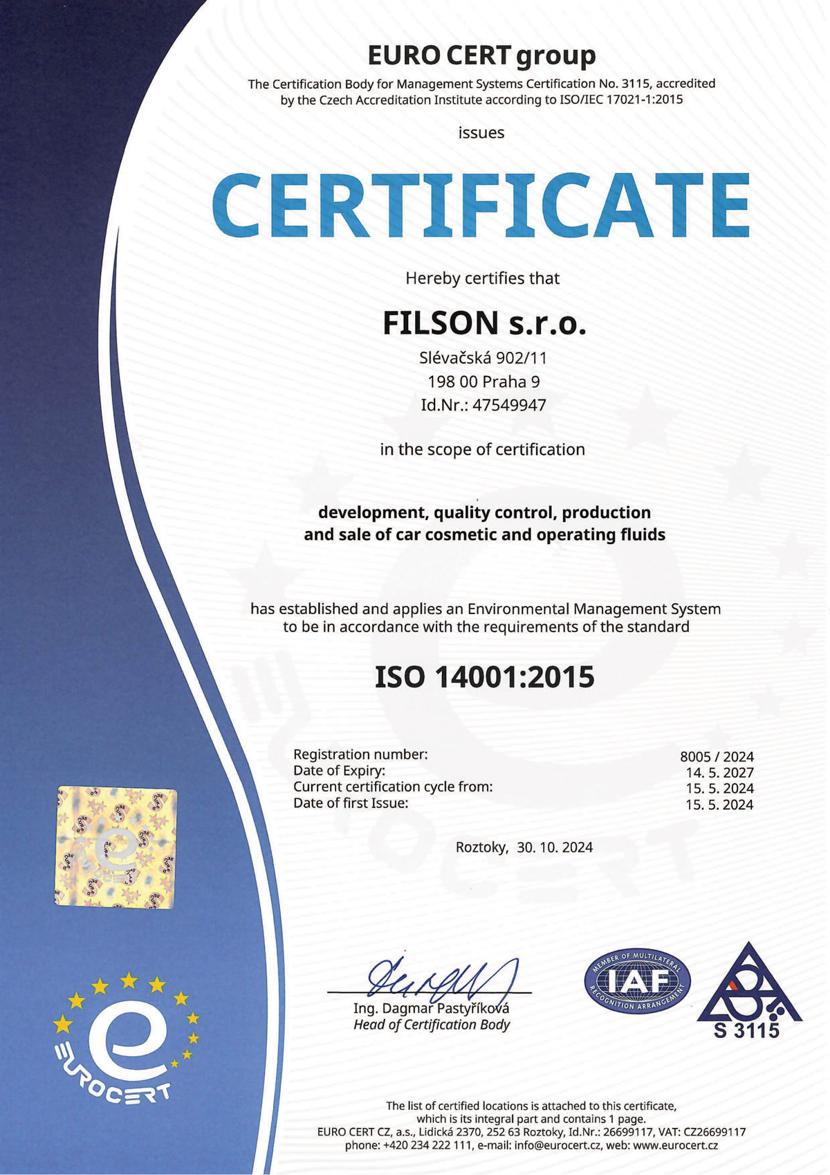 Certificate ISO 14001:2015